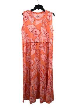 Cuddl Duds Tiered Floral Dress Womens 1X Coral Hibiscus Midi Maxi Sleeveless